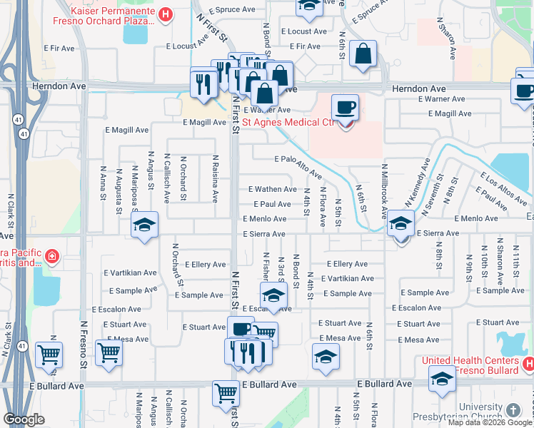 map of restaurants, bars, coffee shops, grocery stores, and more near 1074 East Menlo Avenue in Fresno
