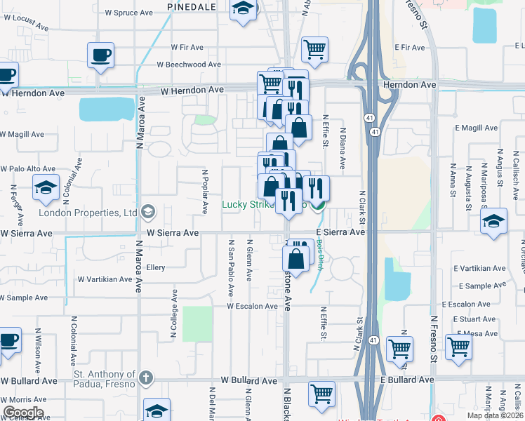 map of restaurants, bars, coffee shops, grocery stores, and more near 58 West Sierra Avenue in Fresno