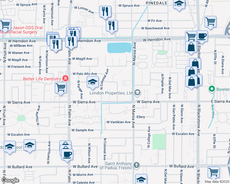 map of restaurants, bars, coffee shops, grocery stores, and more near 6451 North Wishon Avenue in Fresno