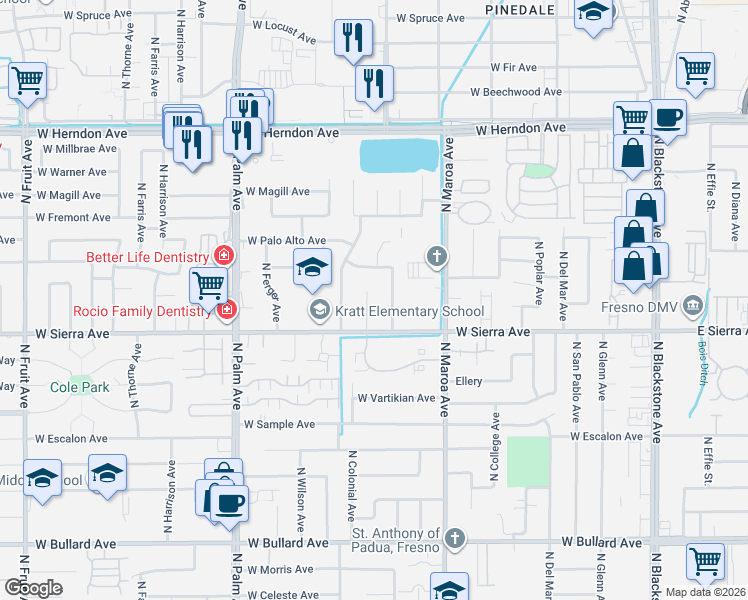 map of restaurants, bars, coffee shops, grocery stores, and more near 6451 North Wishon Avenue in Fresno