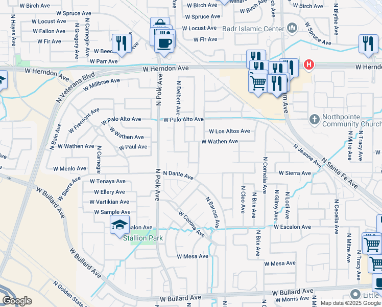 map of restaurants, bars, coffee shops, grocery stores, and more near 6479 North State Avenue in Fresno