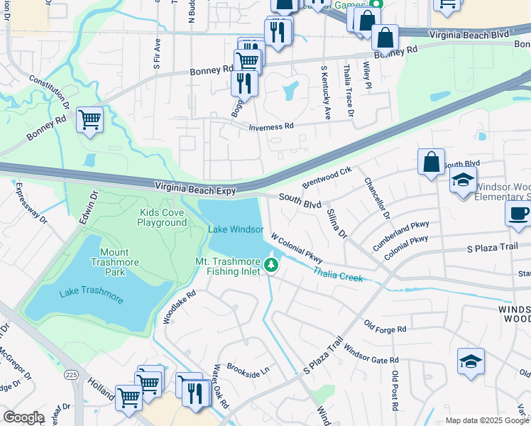 map of restaurants, bars, coffee shops, grocery stores, and more near 4057 Colonial West in Virginia Beach