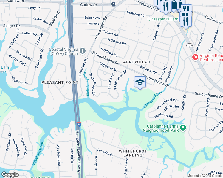 map of restaurants, bars, coffee shops, grocery stores, and more near 452 West Chickasaw Road in Virginia Beach