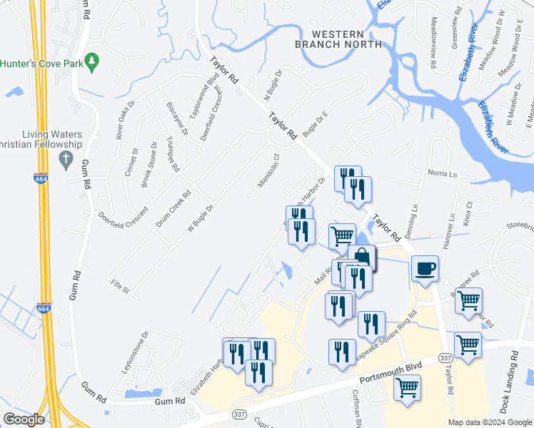 map of restaurants, bars, coffee shops, grocery stores, and more near 2411 West Bugle Drive in Chesapeake