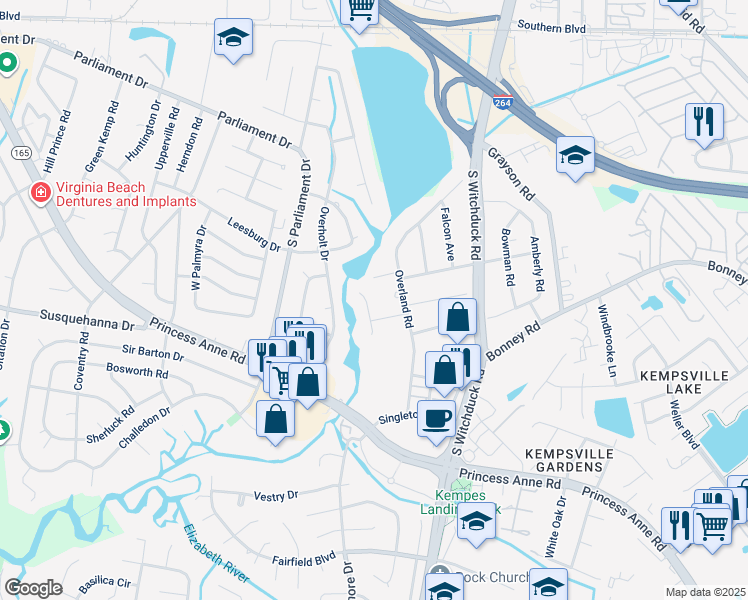 map of restaurants, bars, coffee shops, grocery stores, and more near 212 Oakengate Turn in Virginia Beach