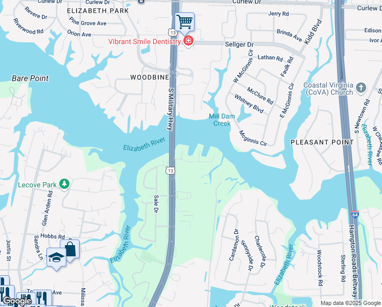 map of restaurants, bars, coffee shops, grocery stores, and more near 6360 Jonathans Cove Drive in Virginia Beach