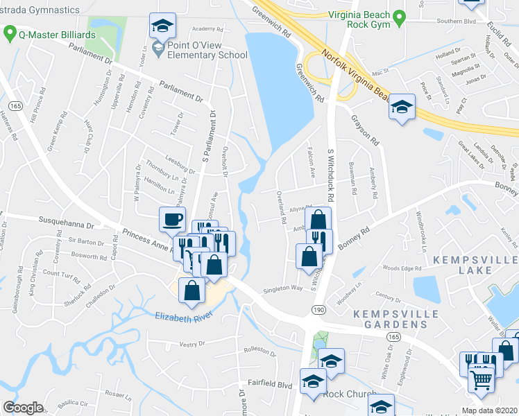 map of restaurants, bars, coffee shops, grocery stores, and more near 212 Oakengate Turn in Virginia Beach