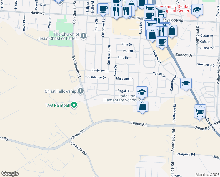 map of restaurants, bars, coffee shops, grocery stores, and more near 2015 Bridlewood Street in Hollister