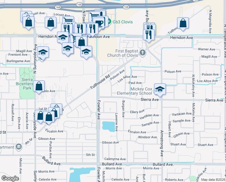 map of restaurants, bars, coffee shops, grocery stores, and more near 22 Bliss Avenue in Clovis
