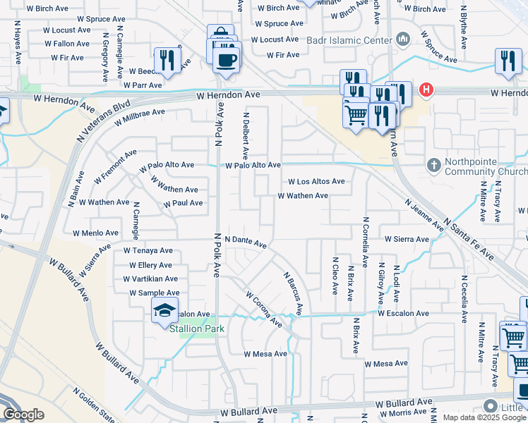 map of restaurants, bars, coffee shops, grocery stores, and more near 6479 North State Avenue in Fresno