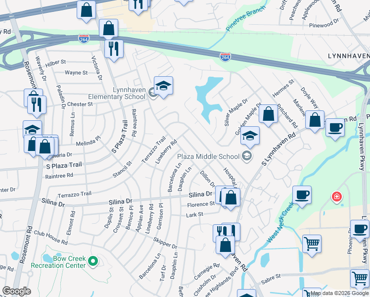 map of restaurants, bars, coffee shops, grocery stores, and more near 300 Garrison Place in Virginia Beach