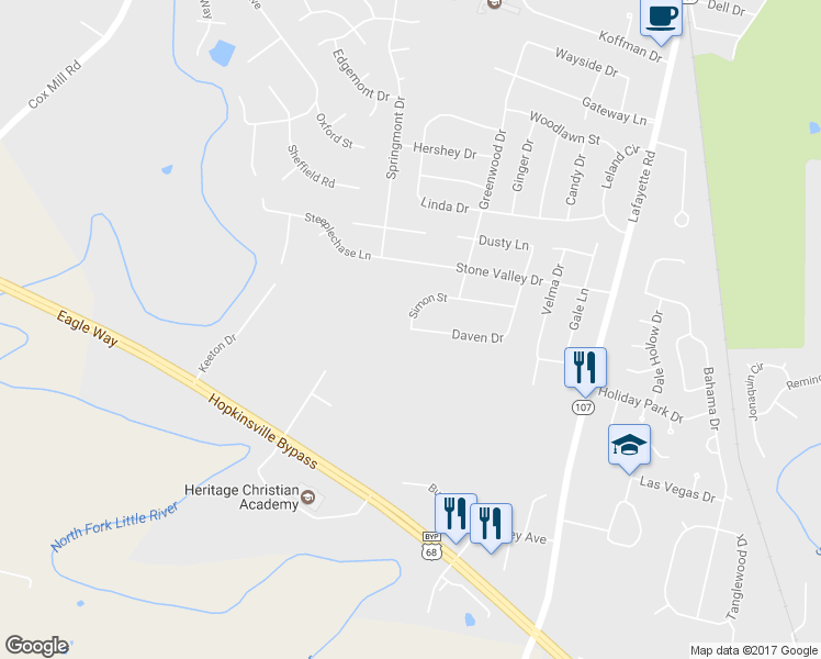 map of restaurants, bars, coffee shops, grocery stores, and more near 128 Daven Drive in Hopkinsville