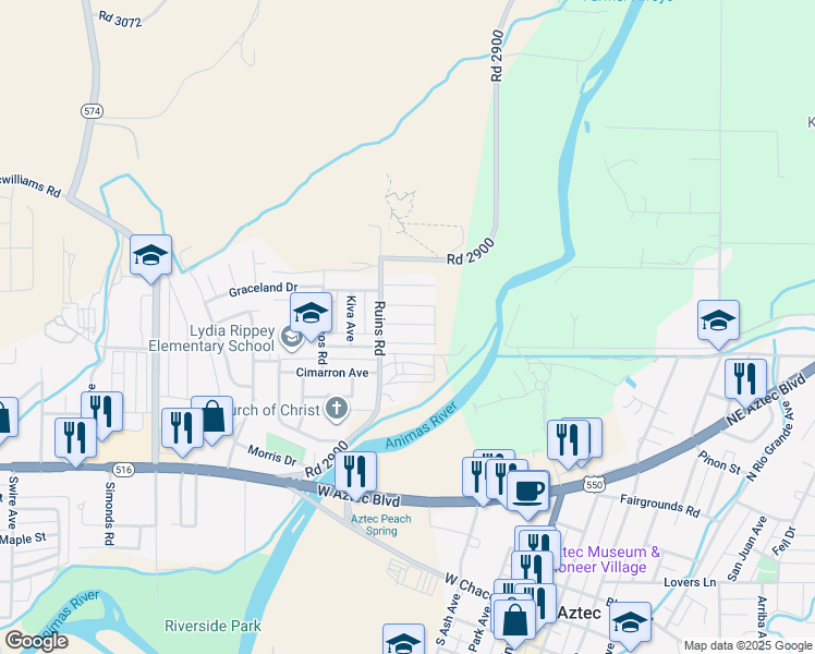 map of restaurants, bars, coffee shops, grocery stores, and more near 17 Ruins Road in Aztec