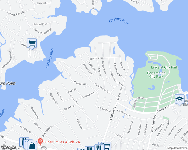 map of restaurants, bars, coffee shops, grocery stores, and more near 505 Linda Road in Portsmouth