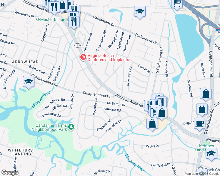 map of restaurants, bars, coffee shops, grocery stores, and more near 5376 Princess Anne Road in Virginia Beach
