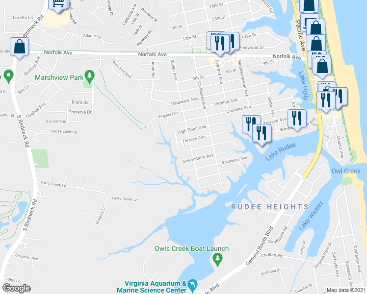 map of restaurants, bars, coffee shops, grocery stores, and more near 906 Terrace Ave in Virginia Beach