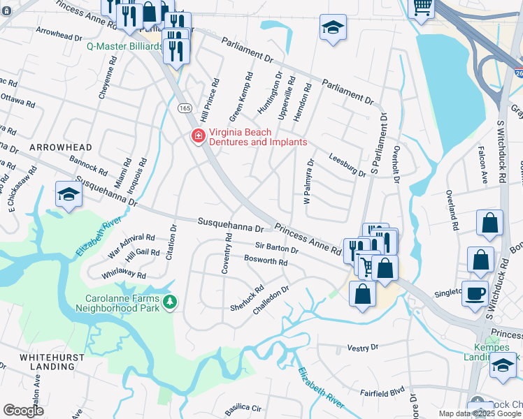 map of restaurants, bars, coffee shops, grocery stores, and more near 5376 Princess Anne Road in Virginia Beach