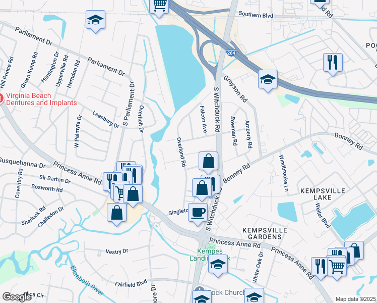 map of restaurants, bars, coffee shops, grocery stores, and more near 5168 Allyne Road in Virginia Beach