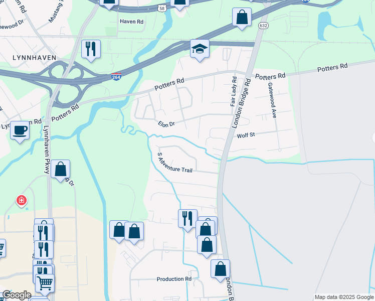 map of restaurants, bars, coffee shops, grocery stores, and more near 432 North Adventure Trail in Virginia Beach
