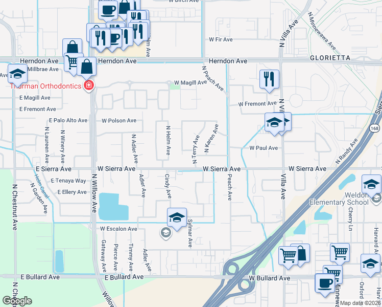 map of restaurants, bars, coffee shops, grocery stores, and more near 494 West Menlo Avenue in Clovis