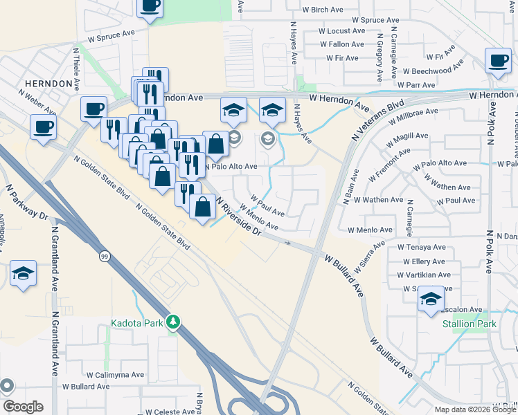 map of restaurants, bars, coffee shops, grocery stores, and more near 6232 West Menlo Avenue in Fresno