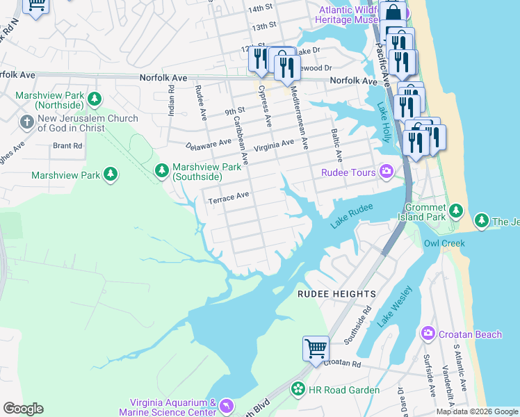 map of restaurants, bars, coffee shops, grocery stores, and more near 723 Greensboro Avenue in Virginia Beach