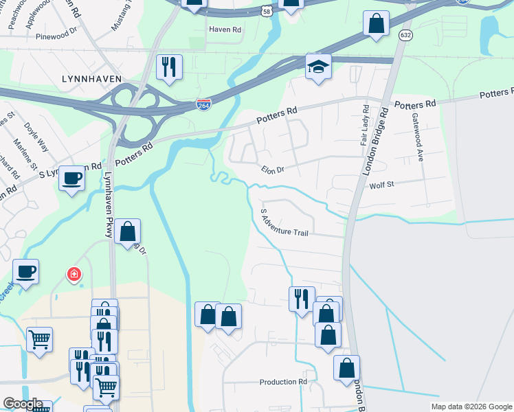 map of restaurants, bars, coffee shops, grocery stores, and more near 2540 South Adventure Trail in Virginia Beach