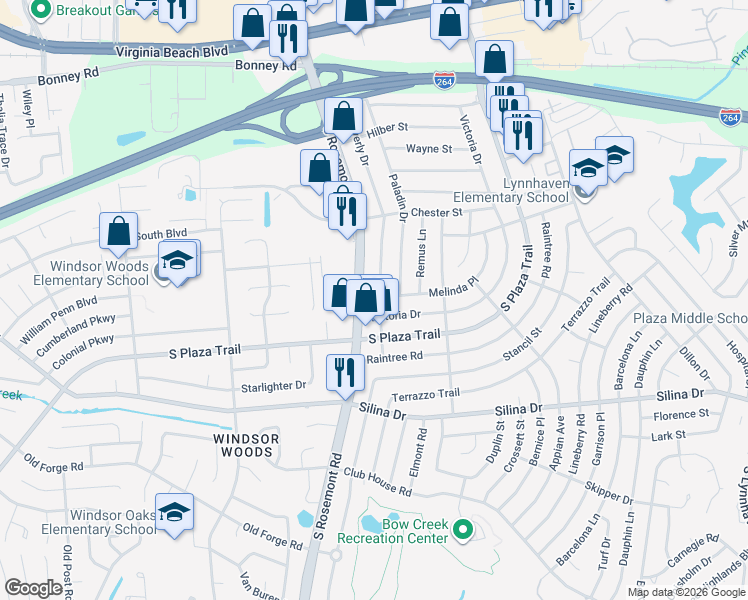map of restaurants, bars, coffee shops, grocery stores, and more near 252 South Rosemont Road in Virginia Beach