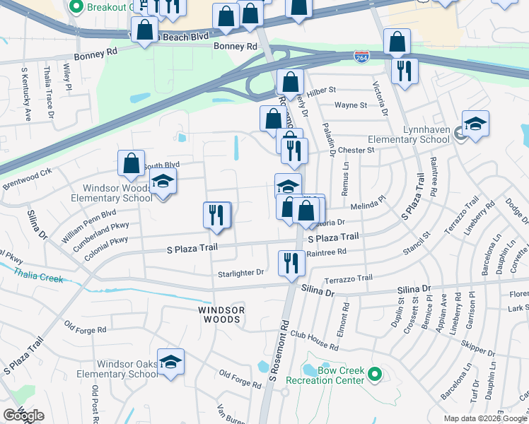 map of restaurants, bars, coffee shops, grocery stores, and more near 3604 Algonquin Court in Virginia Beach