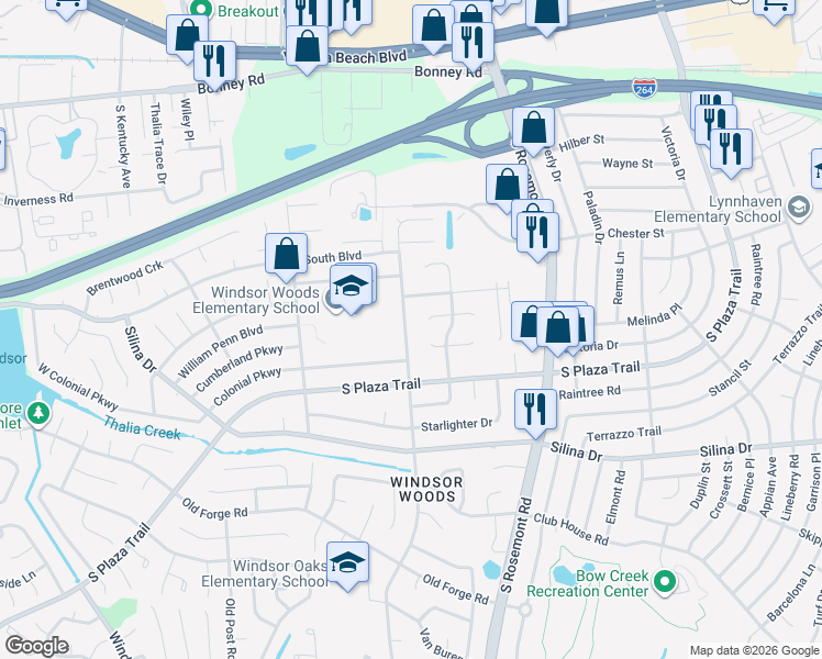 map of restaurants, bars, coffee shops, grocery stores, and more near 240 Presidential Boulevard in Virginia Beach
