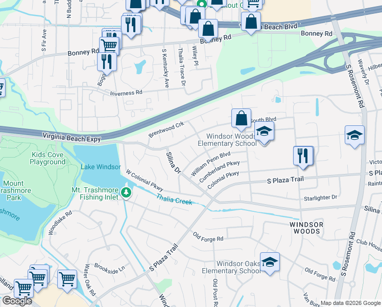 map of restaurants, bars, coffee shops, grocery stores, and more near 216 Green Springs Court in Virginia Beach