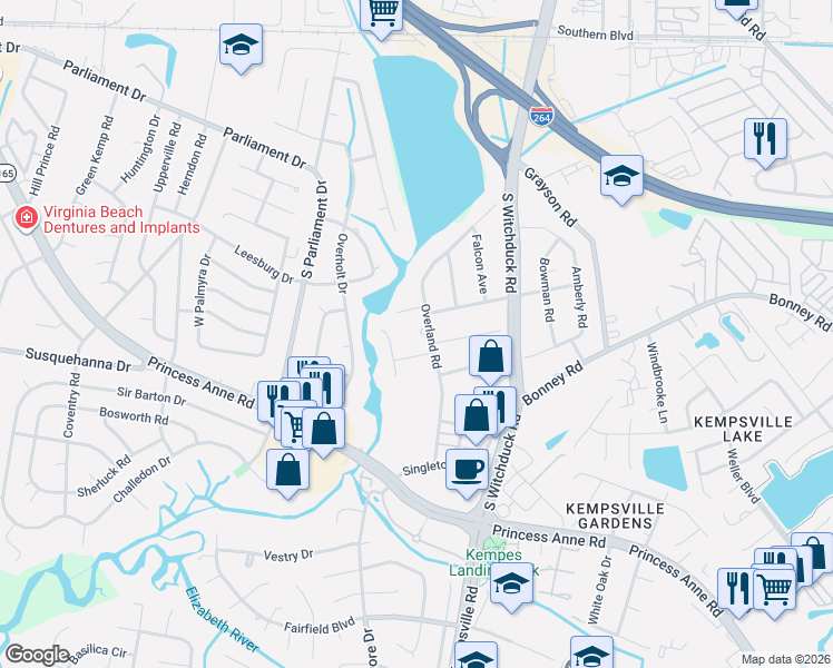 map of restaurants, bars, coffee shops, grocery stores, and more near 216 Oakengate Turn in Virginia Beach