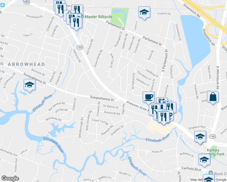 map of restaurants, bars, coffee shops, grocery stores, and more near 5372 Princess Anne Road in Virginia Beach