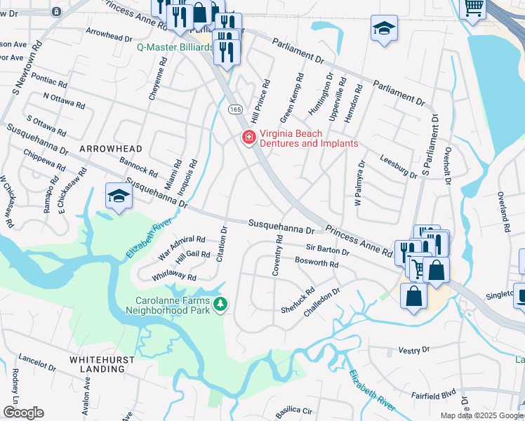 map of restaurants, bars, coffee shops, grocery stores, and more near 278 Hatteras Court in Virginia Beach