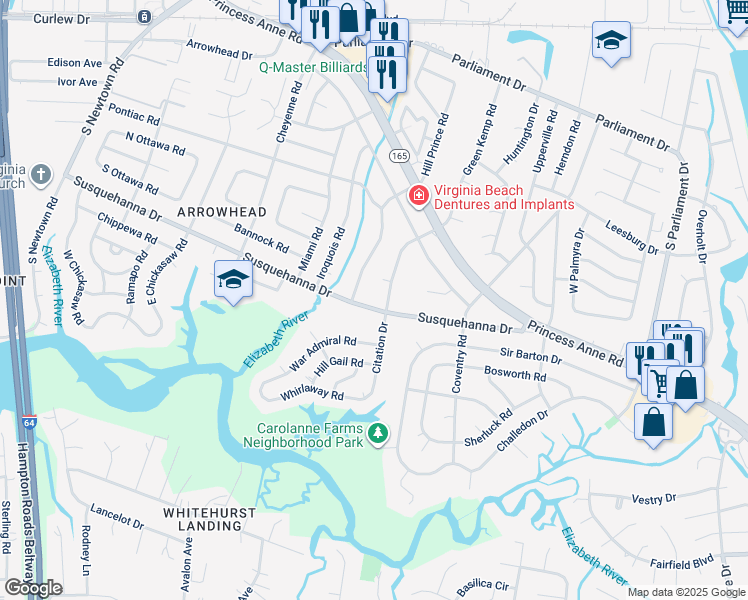 map of restaurants, bars, coffee shops, grocery stores, and more near 5504 Susquehanna Drive in Virginia Beach