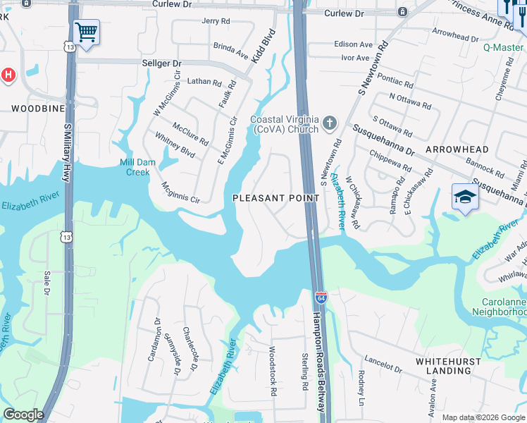 map of restaurants, bars, coffee shops, grocery stores, and more near 417 Pleasant Point Drive in Norfolk