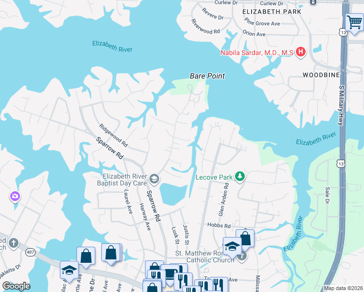 map of restaurants, bars, coffee shops, grocery stores, and more near 3521 Byrn Brae Drive in Virginia Beach