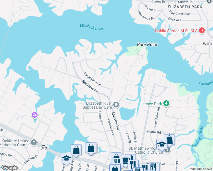 map of restaurants, bars, coffee shops, grocery stores, and more near 150 Ridgewood Road in Chesapeake