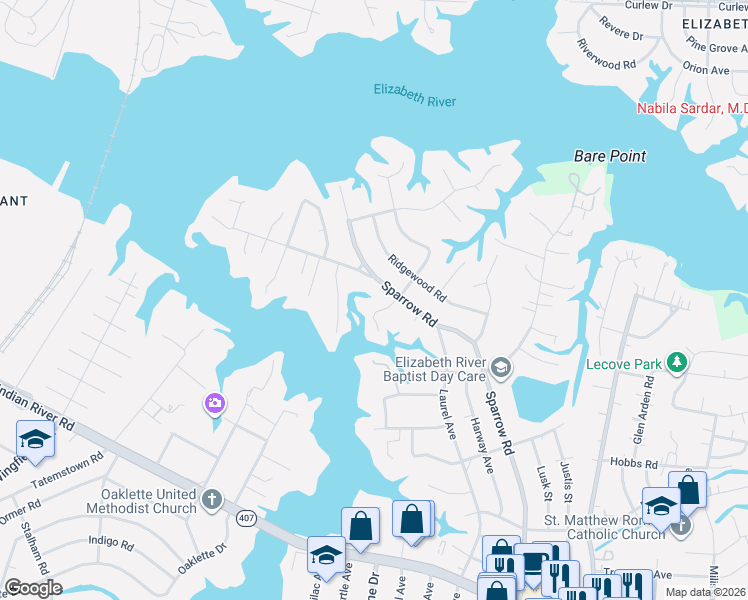 map of restaurants, bars, coffee shops, grocery stores, and more near 4212 Goldcrest Drive in Chesapeake