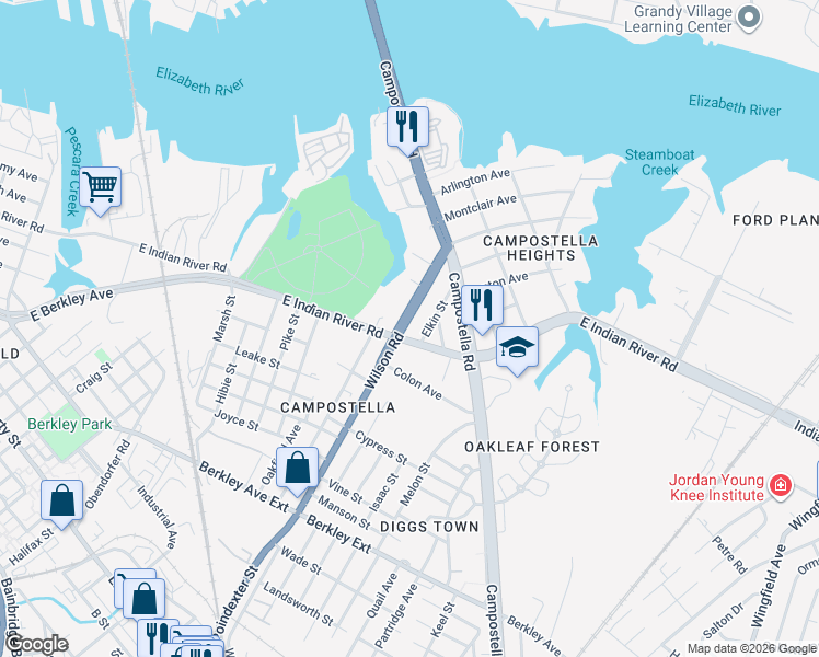 map of restaurants, bars, coffee shops, grocery stores, and more near 1317 East Indian River Road in Norfolk