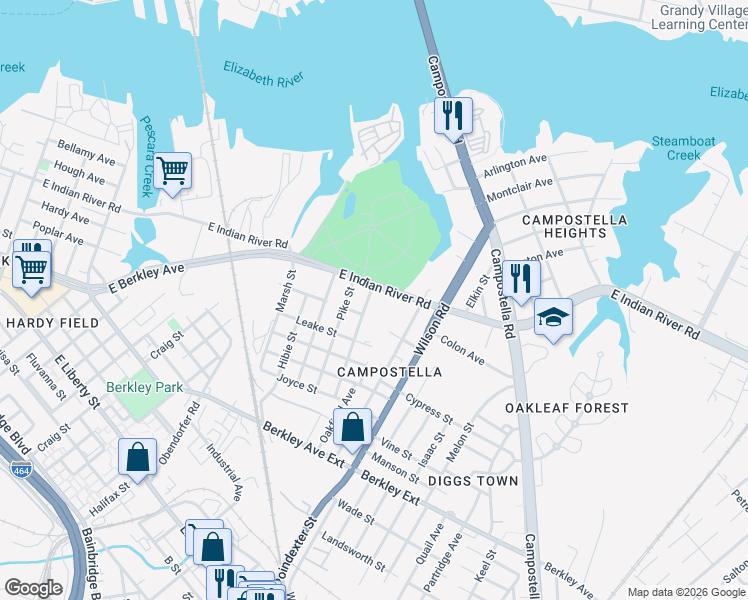 map of restaurants, bars, coffee shops, grocery stores, and more near 1122 Covel Street in Norfolk
