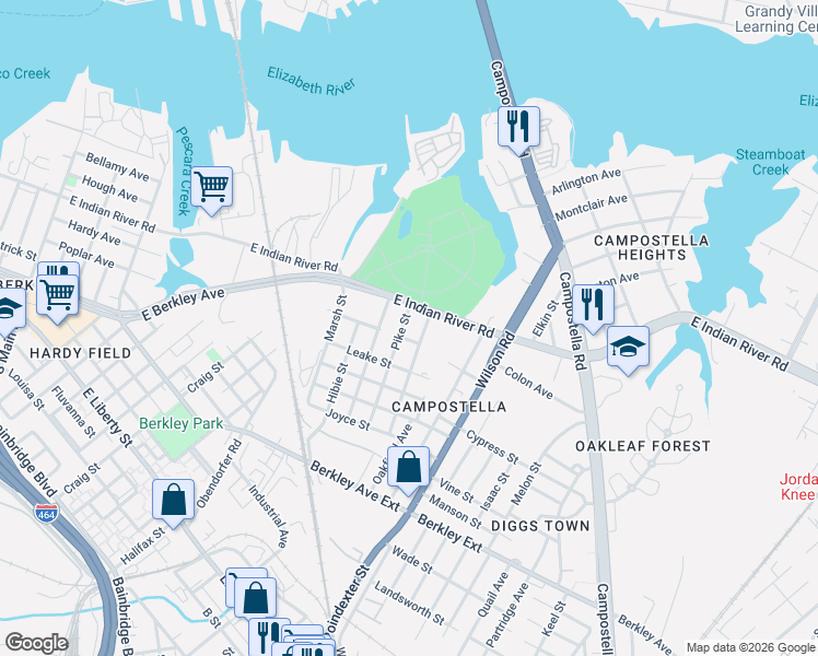 map of restaurants, bars, coffee shops, grocery stores, and more near 1201 Pike Street in Norfolk