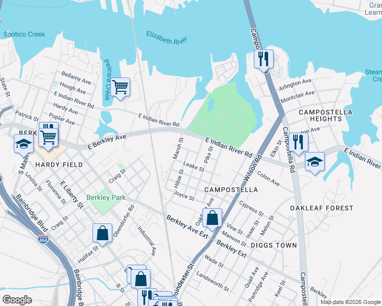 map of restaurants, bars, coffee shops, grocery stores, and more near 1209 Hibie Street in Norfolk
