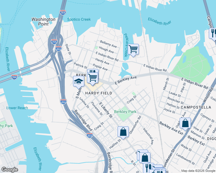 map of restaurants, bars, coffee shops, grocery stores, and more near 409 Berkley Avenue Extension in Norfolk