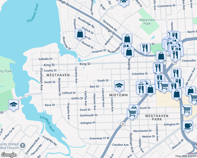 map of restaurants, bars, coffee shops, grocery stores, and more near 4019 South Street in Portsmouth