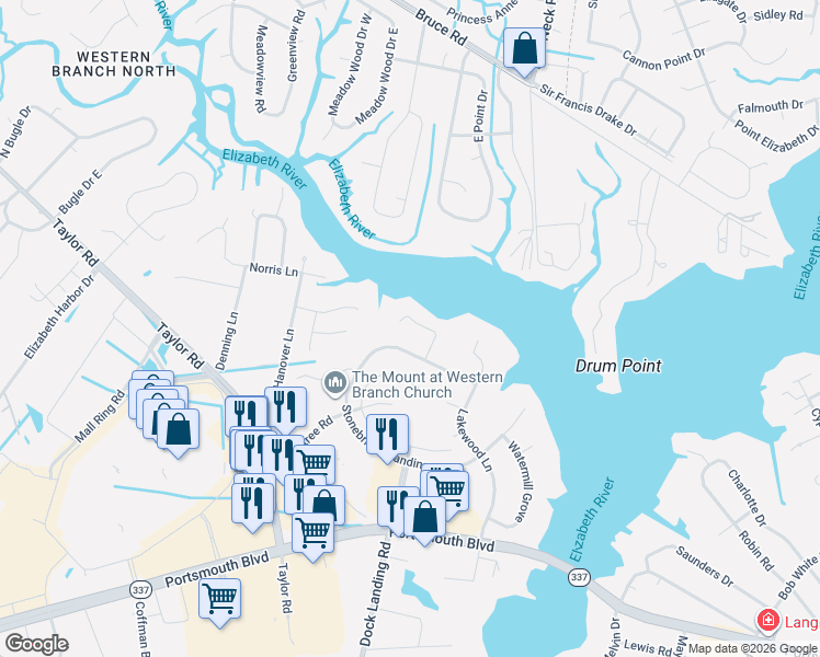 map of restaurants, bars, coffee shops, grocery stores, and more near 2512 Bellechase Court in Chesapeake