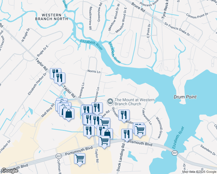 map of restaurants, bars, coffee shops, grocery stores, and more near 2509 Crabtree Court in Chesapeake