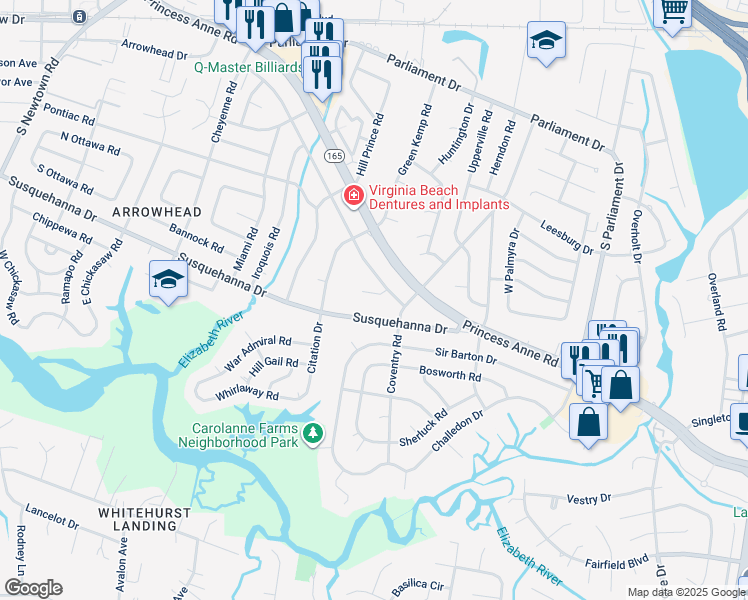 map of restaurants, bars, coffee shops, grocery stores, and more near 278 Hatteras Court in Virginia Beach
