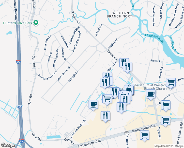 map of restaurants, bars, coffee shops, grocery stores, and more near 2858 Baldwin Drive in Chesapeake