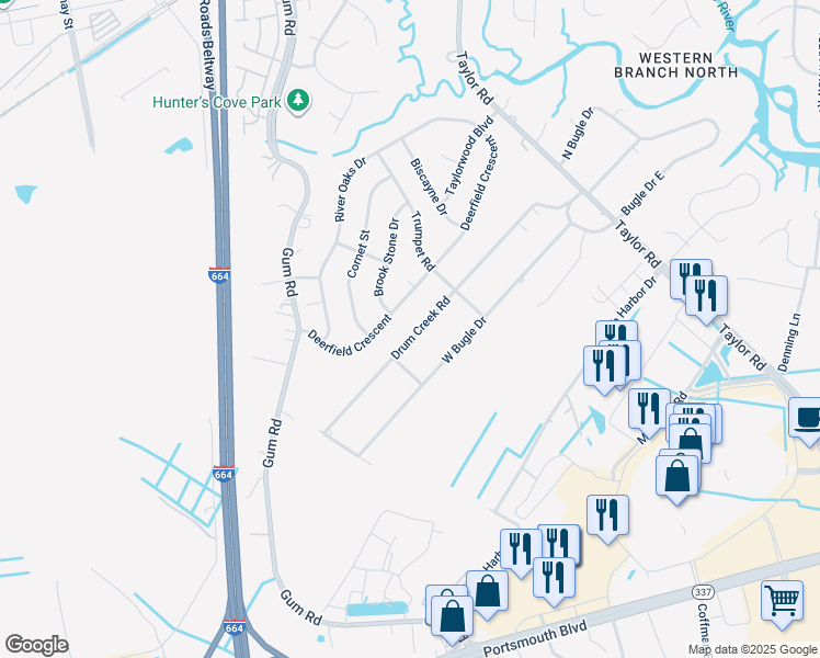 map of restaurants, bars, coffee shops, grocery stores, and more near 2516 Drum Creek Road in Chesapeake